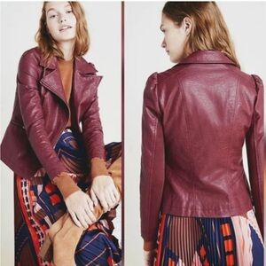 Anthropologie Burgundy Wine Petula Faux Leather Puff Sleeve Moto Jacket Size L